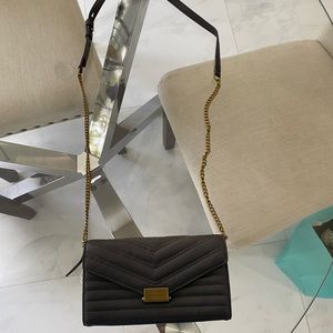 Grey, ALL SAINT’S Wallet-on-Chain purse, with brushed gold chain